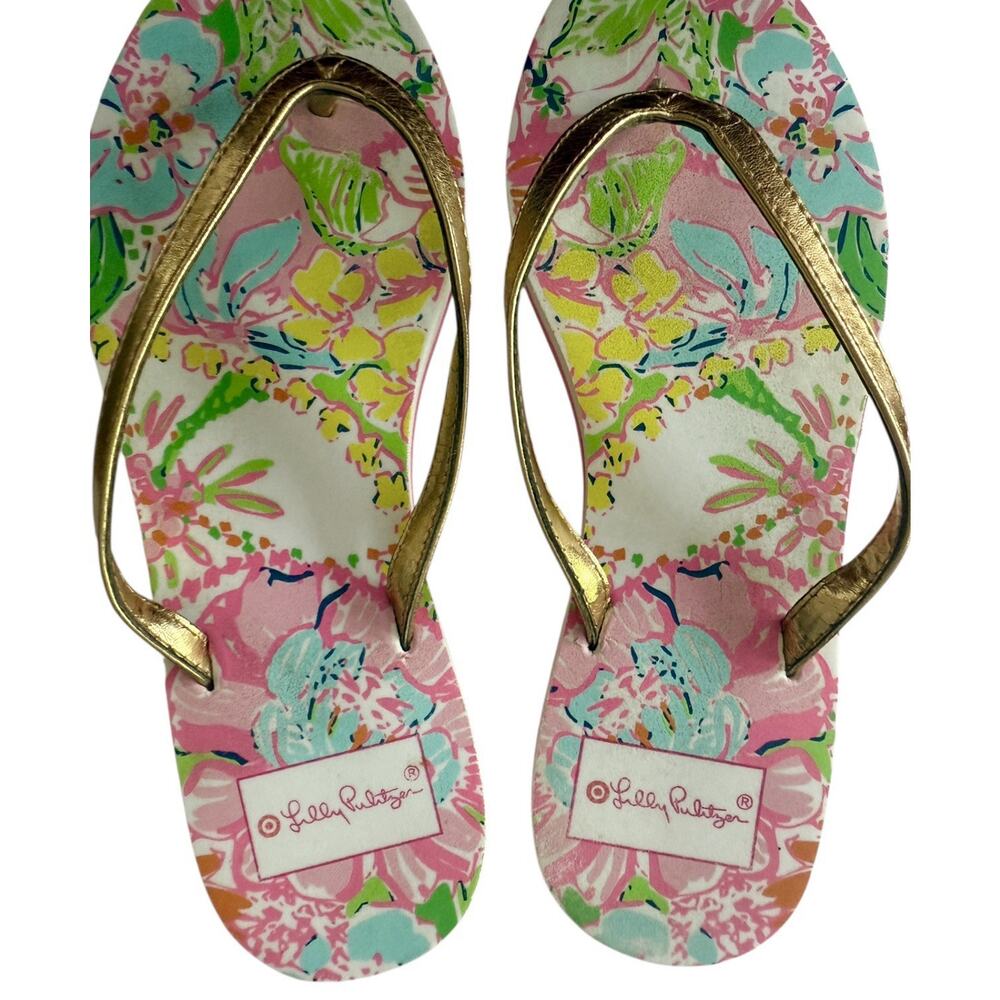 Lilly Pulitzer Flip Flop Sandals Thong Womens 8 Floral Nosey Posey Gold Toe Post - Picture 5 of 7
